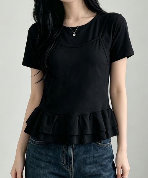 aimoha（アイモハ）の「韓国風フェイクレイヤードペプラムトップス（Tシャツ/カットソー・レディース・ベージュ/ブラック・FREE）」の4枚目の写真