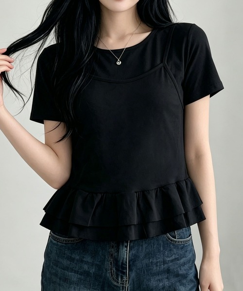 aimoha（アイモハ）の「韓国風フェイクレイヤードペプラムトップス（Tシャツ/カットソー・レディース・ベージュ/ブラック・FREE）」の5枚目の写真