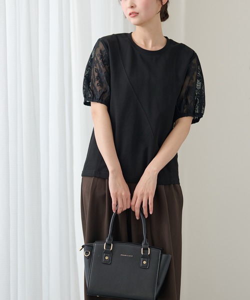 DAYRA(デイラ)の「シアー レース パフスリーブ カットソー トップス(Tシャツ/カットソー・レディース・グレー/ブラック・FREE)」の1枚目の写真