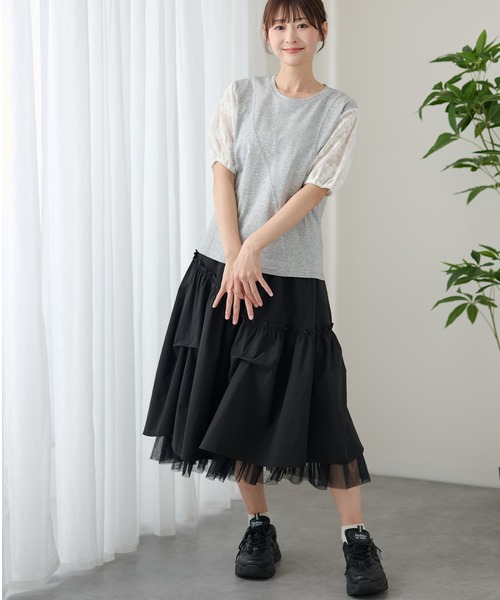 DAYRA(デイラ)の「シアー レース パフスリーブ カットソー トップス(Tシャツ/カットソー・レディース・グレー/ブラック・FREE)」の12枚目の写真