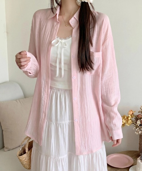 yuue' ( wear )(ユーイ)の「オーバーサイズセミシアーシャツ/冷房対策(シャツ/ブラウス・レディース・ピンク/ブラック/アイボリー/ホワイト・FREE)」の4枚目の写真