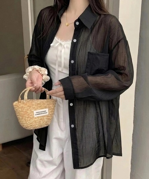 yuue' ( wear )(ユーイ)の「オーバーサイズセミシアーシャツ/冷房対策(シャツ/ブラウス・レディース・ピンク/ブラック/アイボリー/ホワイト・FREE)」の1枚目の写真