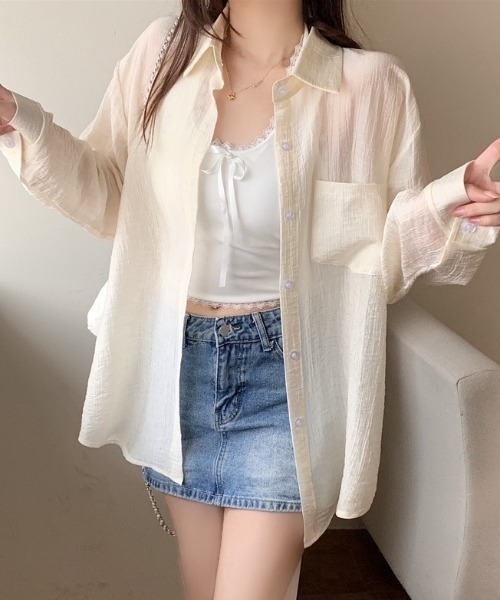 yuue' ( wear )(ユーイ)の「オーバーサイズセミシアーシャツ/冷房対策(シャツ/ブラウス・レディース・ピンク/ブラック/アイボリー/ホワイト・FREE)」の22枚目の写真