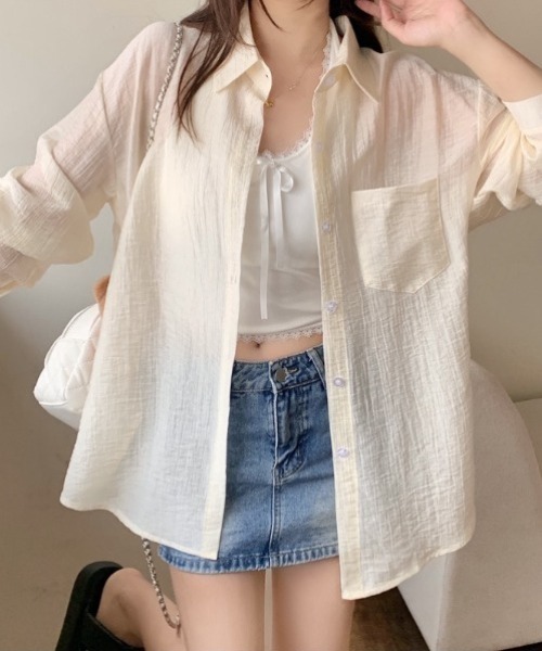 yuue' ( wear )(ユーイ)の「オーバーサイズセミシアーシャツ/冷房対策(シャツ/ブラウス・レディース・ピンク/ブラック/アイボリー/ホワイト・FREE)」の19枚目の写真