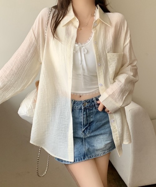 yuue' ( wear )(ユーイ)の「オーバーサイズセミシアーシャツ/冷房対策(シャツ/ブラウス・レディース・ピンク/ブラック/アイボリー/ホワイト・FREE)」の18枚目の写真