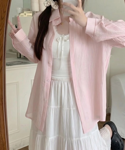 yuue' ( wear )(ユーイ)の「オーバーサイズセミシアーシャツ/冷房対策(シャツ/ブラウス・レディース・ピンク/ブラック/アイボリー/ホワイト・FREE)」の10枚目の写真