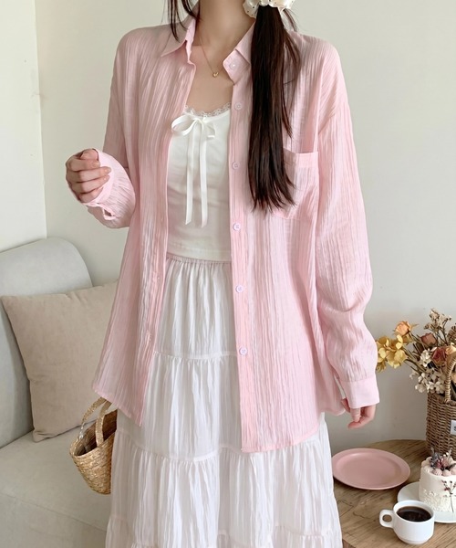 yuue' ( wear )(ユーイ)の「オーバーサイズセミシアーシャツ/冷房対策(シャツ/ブラウス・レディース・ピンク/ブラック/アイボリー/ホワイト・FREE)」の8枚目の写真