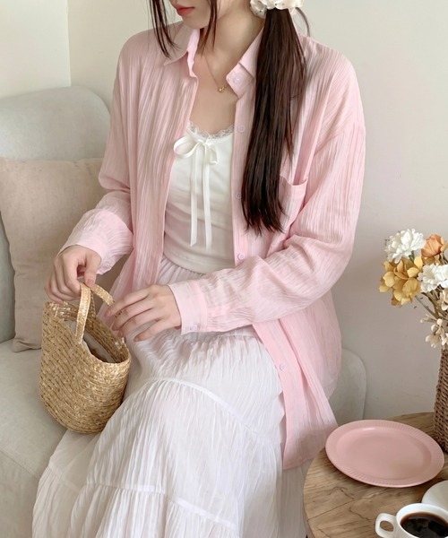 yuue' ( wear )(ユーイ)の「オーバーサイズセミシアーシャツ/冷房対策(シャツ/ブラウス・レディース・ピンク/ブラック/アイボリー/ホワイト・FREE)」の7枚目の写真