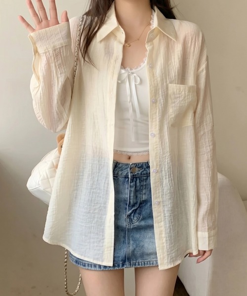 yuue' ( wear )(ユーイ)の「オーバーサイズセミシアーシャツ/冷房対策(シャツ/ブラウス・レディース・ピンク/ブラック/アイボリー/ホワイト・FREE)」の21枚目の写真