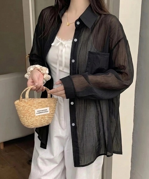 yuue' ( wear )(ユーイ)の「オーバーサイズセミシアーシャツ/冷房対策(シャツ/ブラウス・レディース・ピンク/ブラック/アイボリー/ホワイト・FREE)」の13枚目の写真