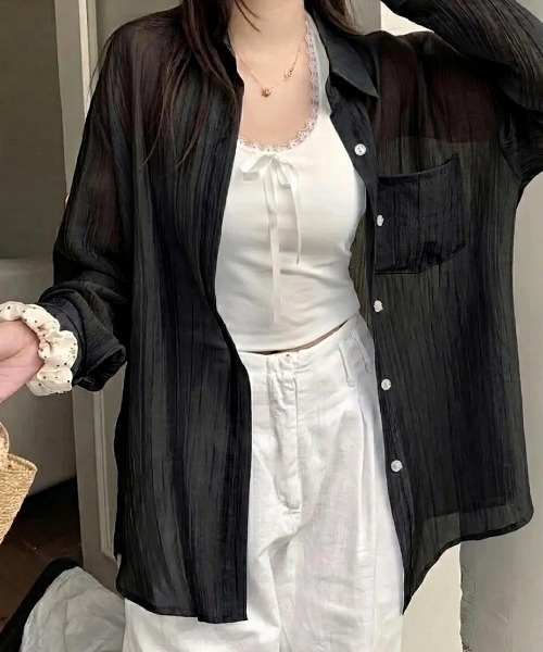 yuue' ( wear )(ユーイ)の「オーバーサイズセミシアーシャツ/冷房対策(シャツ/ブラウス・レディース・ピンク/ブラック/アイボリー/ホワイト・FREE)」の14枚目の写真