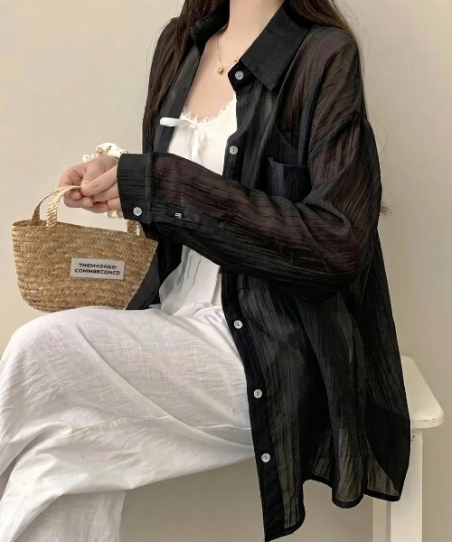 yuue' ( wear )(ユーイ)の「オーバーサイズセミシアーシャツ/冷房対策(シャツ/ブラウス・レディース・ピンク/ブラック/アイボリー/ホワイト・FREE)」の15枚目の写真