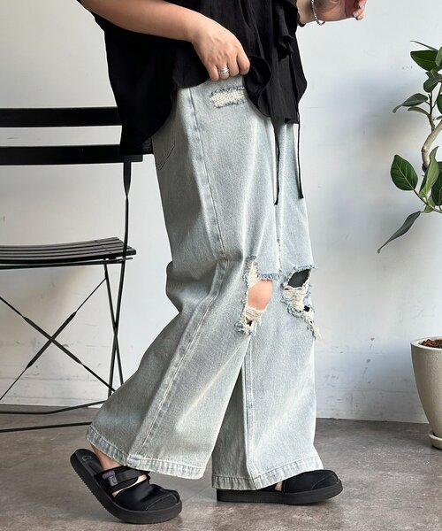CPCM（シーピーシーエム）の「ワイドストレートダメージデニム（デニムパンツ・メンズ・ブルー/ネイビー・SMALL/MEDIUM/LARGE）」の6枚目の写真