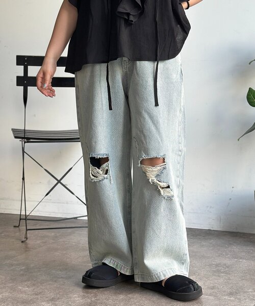 CPCM（シーピーシーエム）の「ワイドストレートダメージデニム（デニムパンツ・メンズ・ブルー/ネイビー・SMALL/MEDIUM/LARGE）」の7枚目の写真