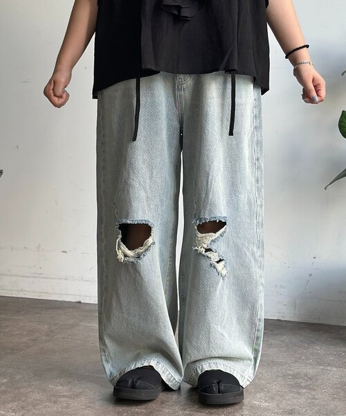 CPCM（シーピーシーエム）の「ワイドストレートダメージデニム（デニムパンツ・メンズ・ブルー/ネイビー・SMALL/MEDIUM/LARGE）」の9枚目の写真