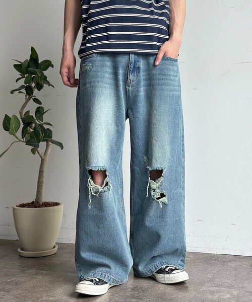 CPCM（シーピーシーエム）の「ワイドストレートダメージデニム（デニムパンツ・メンズ・ブルー/ネイビー・SMALL/MEDIUM/LARGE）」の16枚目の写真