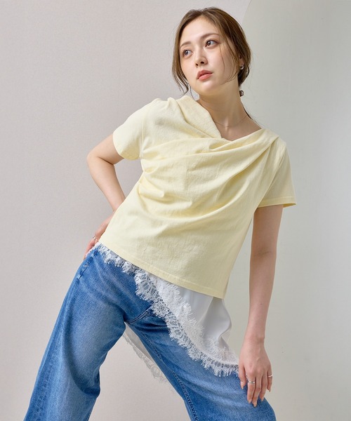 en CAnAF(エンカナフ)の「【ヘルシーな色気を纏う】ドレープデザイン半袖Tシャツ(Tシャツ/カットソー・レディース・イエロー/チャコールグレー/ブルー/オフホワイト/ブラック・フリー)」の5枚目の写真