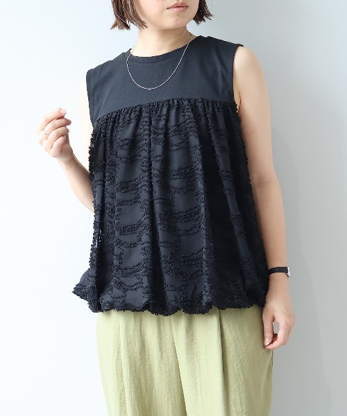 leswel（レスウェル）の「【Mサイズ】異素材切替バルーンヘムノースリーブカットソー（Tシャツ/カットソー・レディース・ブラック/ネイビー/クリーム/ベージュ・M）」の8枚目の写真