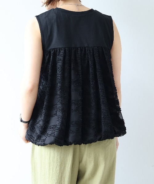 leswel（レスウェル）の「【Mサイズ】異素材切替バルーンヘムノースリーブカットソー（Tシャツ/カットソー・レディース・ブラック/ネイビー/クリーム/ベージュ・M）」の9枚目の写真