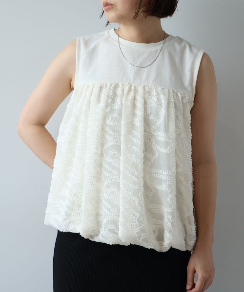 leswel（レスウェル）の「【Mサイズ】異素材切替バルーンヘムノースリーブカットソー（Tシャツ/カットソー・レディース・ブラック/ネイビー/クリーム/ベージュ・M）」の12枚目の写真