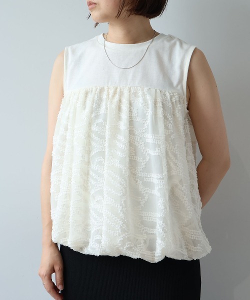 leswel（レスウェル）の「【Mサイズ】異素材切替バルーンヘムノースリーブカットソー（Tシャツ/カットソー・レディース・ブラック/ネイビー/クリーム/ベージュ・M）」の13枚目の写真
