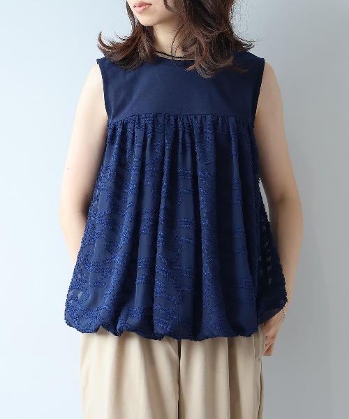 leswel（レスウェル）の「【Mサイズ】異素材切替バルーンヘムノースリーブカットソー（Tシャツ/カットソー・レディース・ブラック/ネイビー/クリーム/ベージュ・M）」の18枚目の写真