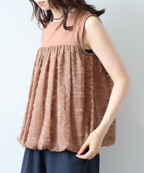 leswel（レスウェル）の「【Mサイズ】異素材切替バルーンヘムノースリーブカットソー（Tシャツ/カットソー・レディース・ブラック/ネイビー/クリーム/ベージュ・M）」の22枚目の写真