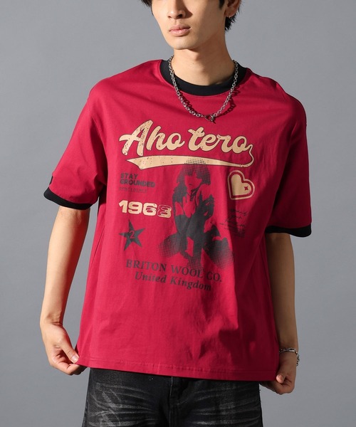 LAND MUSEUM（ランドミュージアム）の「LAND MUSEUM／リンガーグラフィックT（Tシャツ/カットソー・メンズ・ホワイト/ボルドー・MEDIUM/LARGE）」の2枚目の写真