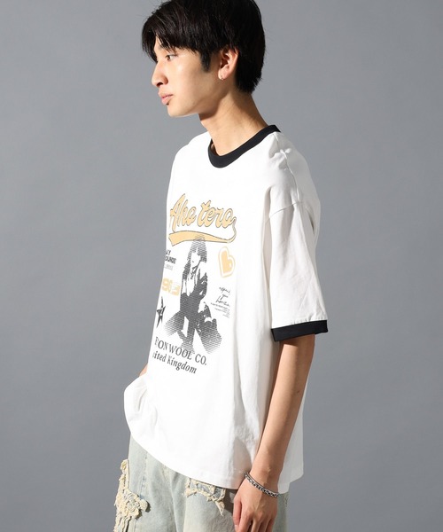 LAND MUSEUM（ランドミュージアム）の「LAND MUSEUM／リンガーグラフィックT（Tシャツ/カットソー・メンズ・ホワイト/ボルドー・MEDIUM/LARGE）」の4枚目の写真