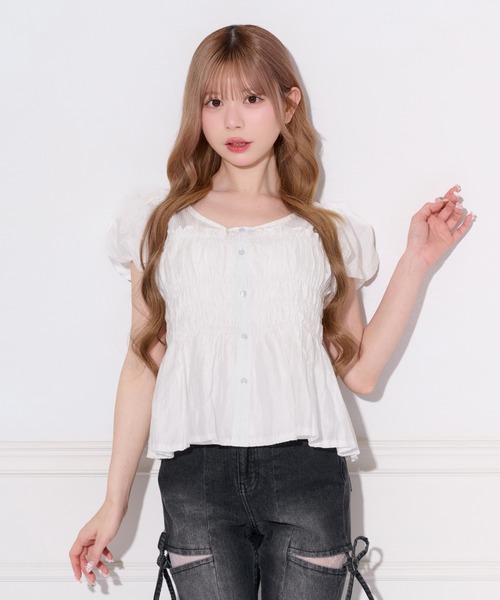apres jour（アプレジュール）の「シアーカラーパフスリーブブラウス（シャツ/ブラウス・レディース・ピンク/ライトブルー/オフホワイト/ミント・フリー）」の2枚目の写真