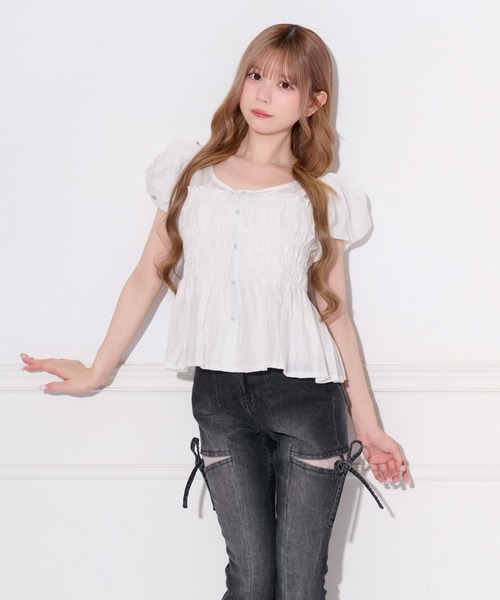 apres jour（アプレジュール）の「シアーカラーパフスリーブブラウス（シャツ/ブラウス・レディース・ピンク/ライトブルー/オフホワイト/ミント・フリー）」の7枚目の写真