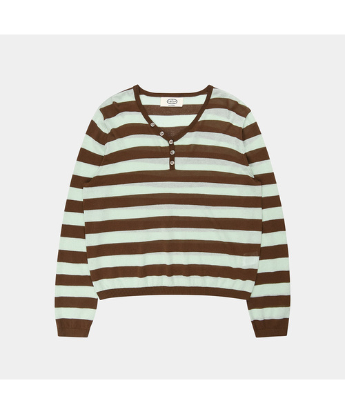 PIGMENT（ピグメント）の「ボタンVネックストライプニット (ZYSW260501)（ニット/セーター・レディース・ブラウン/アイボリー・FREE）」の2枚目の写真