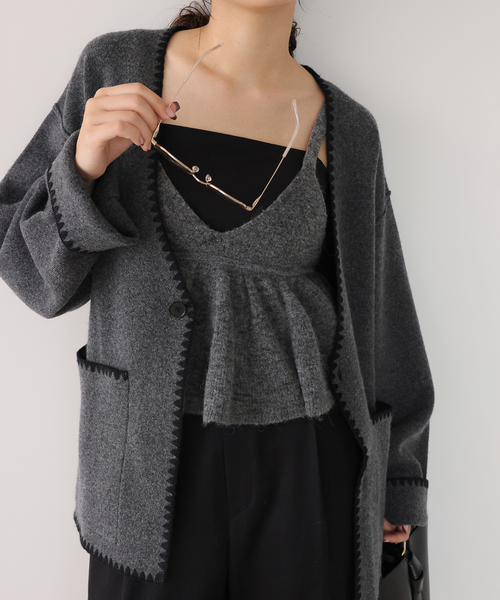 SLOBE IENA(スローブイエナ)の「《追加》ブランケットステッチニットジャケット(その他アウター・レディース・チャコールグレー/ブラック・FREE)」の2枚目の写真