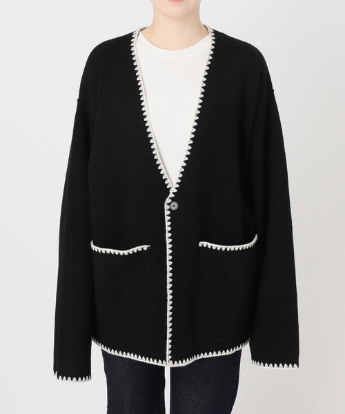 SLOBE IENA(スローブイエナ)の「《追加》ブランケットステッチニットジャケット(その他アウター・レディース・チャコールグレー/ブラック・FREE)」の9枚目の写真