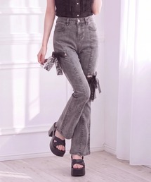 【ZOZO限定】レースオーガンジーリボン美脚ストレッチフレアデニムパンツ