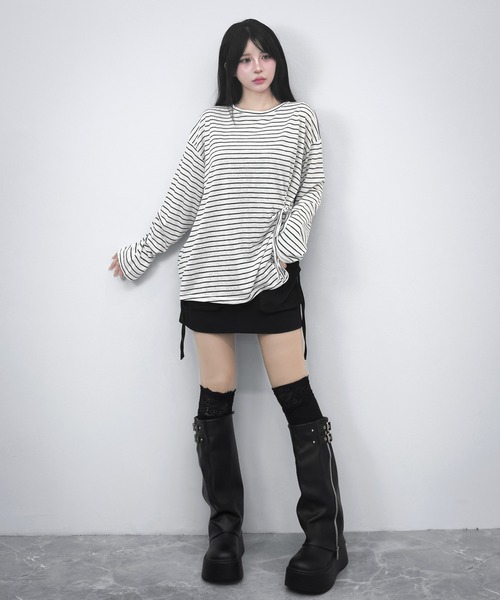 FOLLOWIN(フォロウィン)の「【3COLOR】サイドリボンボーダールーズロンT(Tシャツ/カットソー・レディース・ホワイト/ブルー/ブラック・FREE)」の12枚目の写真