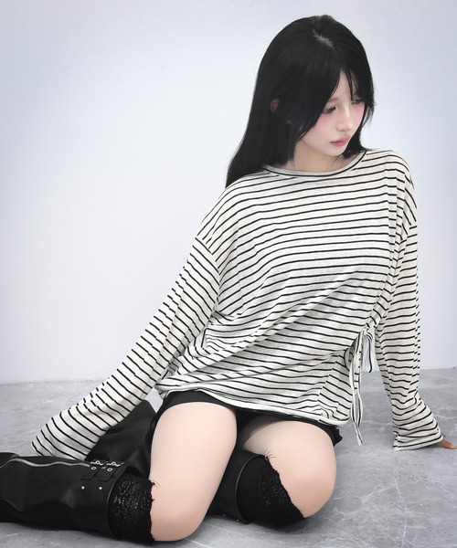 FOLLOWIN(フォロウィン)の「【3COLOR】サイドリボンボーダールーズロンT(Tシャツ/カットソー・レディース・ホワイト/ブルー/ブラック・FREE)」の7枚目の写真