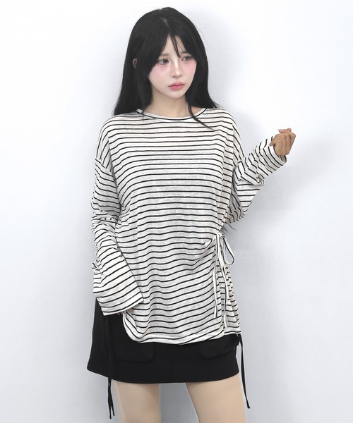 FOLLOWIN(フォロウィン)の「【3COLOR】サイドリボンボーダールーズロンT(Tシャツ/カットソー・レディース・ホワイト/ブルー/ブラック・FREE)」の8枚目の写真