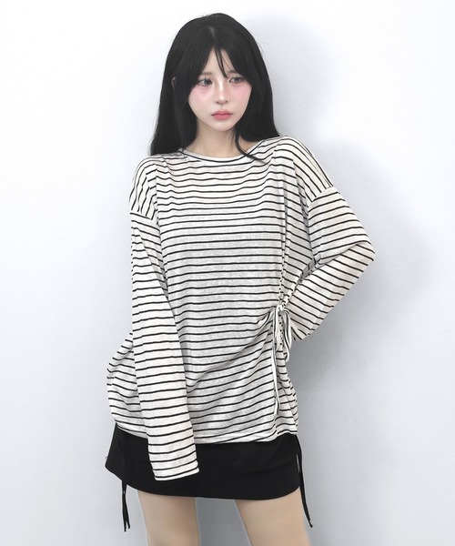 FOLLOWIN(フォロウィン)の「【3COLOR】サイドリボンボーダールーズロンT(Tシャツ/カットソー・レディース・ホワイト/ブルー/ブラック・FREE)」の9枚目の写真