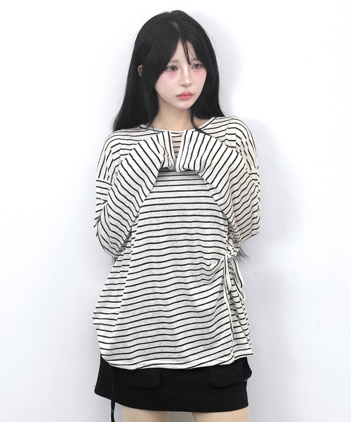FOLLOWIN(フォロウィン)の「【3COLOR】サイドリボンボーダールーズロンT(Tシャツ/カットソー・レディース・ホワイト/ブルー/ブラック・FREE)」の10枚目の写真