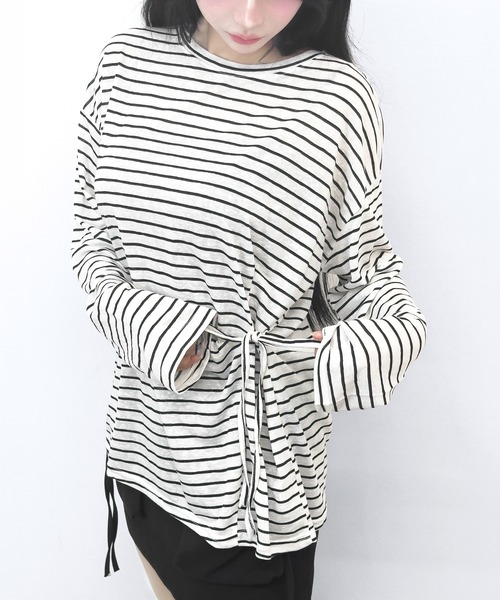 FOLLOWIN(フォロウィン)の「【3COLOR】サイドリボンボーダールーズロンT(Tシャツ/カットソー・レディース・ホワイト/ブルー/ブラック・FREE)」の5枚目の写真