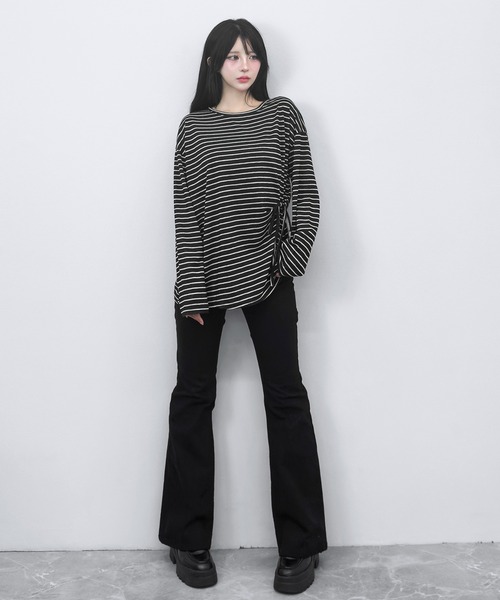 FOLLOWIN(フォロウィン)の「【3COLOR】サイドリボンボーダールーズロンT(Tシャツ/カットソー・レディース・ホワイト/ブルー/ブラック・FREE)」の21枚目の写真