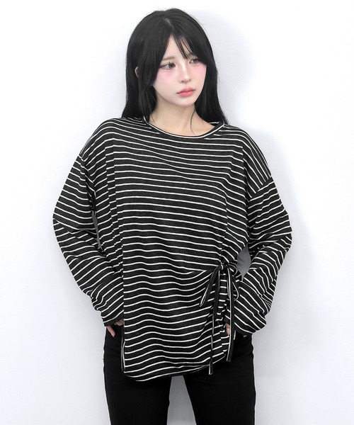 FOLLOWIN(フォロウィン)の「【3COLOR】サイドリボンボーダールーズロンT(Tシャツ/カットソー・レディース・ホワイト/ブルー/ブラック・FREE)」の16枚目の写真