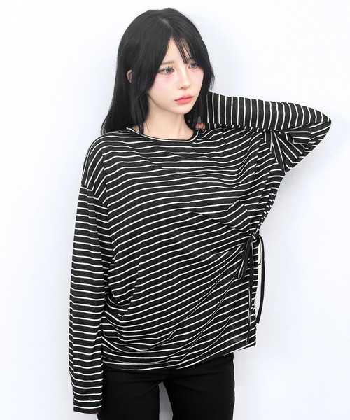 FOLLOWIN(フォロウィン)の「【3COLOR】サイドリボンボーダールーズロンT(Tシャツ/カットソー・レディース・ホワイト/ブルー/ブラック・FREE)」の14枚目の写真