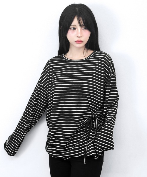 FOLLOWIN(フォロウィン)の「【3COLOR】サイドリボンボーダールーズロンT(Tシャツ/カットソー・レディース・ホワイト/ブルー/ブラック・FREE)」の15枚目の写真