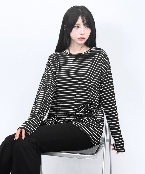 FOLLOWIN(フォロウィン)の「【3COLOR】サイドリボンボーダールーズロンT(Tシャツ/カットソー・レディース・ホワイト/ブルー/ブラック・FREE)」の19枚目の写真