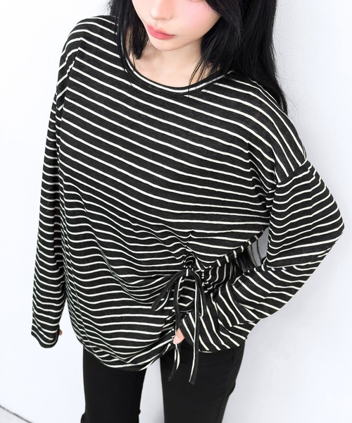 FOLLOWIN(フォロウィン)の「【3COLOR】サイドリボンボーダールーズロンT(Tシャツ/カットソー・レディース・ホワイト/ブルー/ブラック・FREE)」の18枚目の写真
