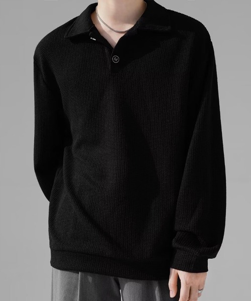 KELVIN(ケルヴァン)の「Waffle Polo Sweat ワッフルポロスウェット(スウェット・メンズ・ブラック・MEDIUM/LARGE)」の1枚目の写真