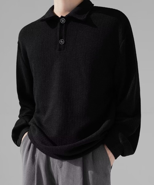 KELVIN(ケルヴァン)の「Waffle Polo Sweat ワッフルポロスウェット(スウェット・メンズ・ブラック・MEDIUM/LARGE)」の4枚目の写真