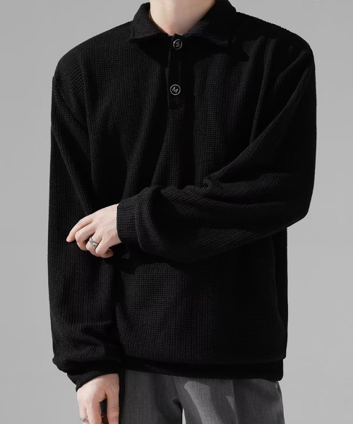 KELVIN(ケルヴァン)の「Waffle Polo Sweat ワッフルポロスウェット(スウェット・メンズ・ブラック・MEDIUM/LARGE)」の5枚目の写真